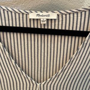 Madewell tie-front tee with vertical navy and white stripes.